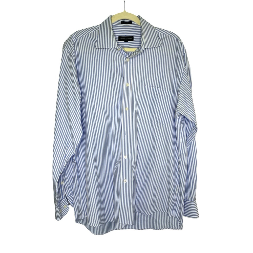 Jhane Barnes Blue/White Striped Large 2 Ply Heavy Cotton Crisp Button Shirt
